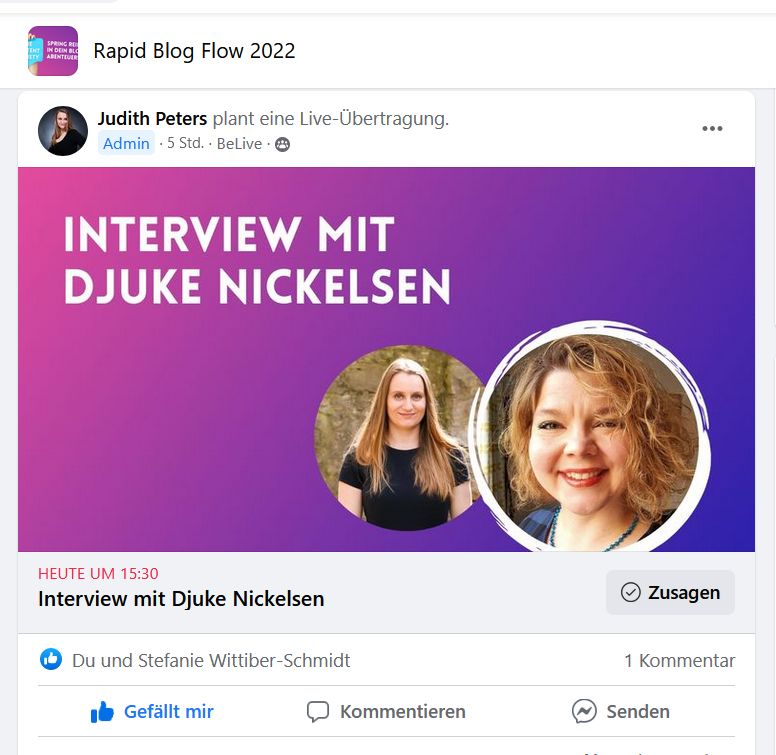 Ankündigung in der Facebook-Gruppe von Rapid Blog Flow: Judith Peters interviewd Djuke Nickelsen