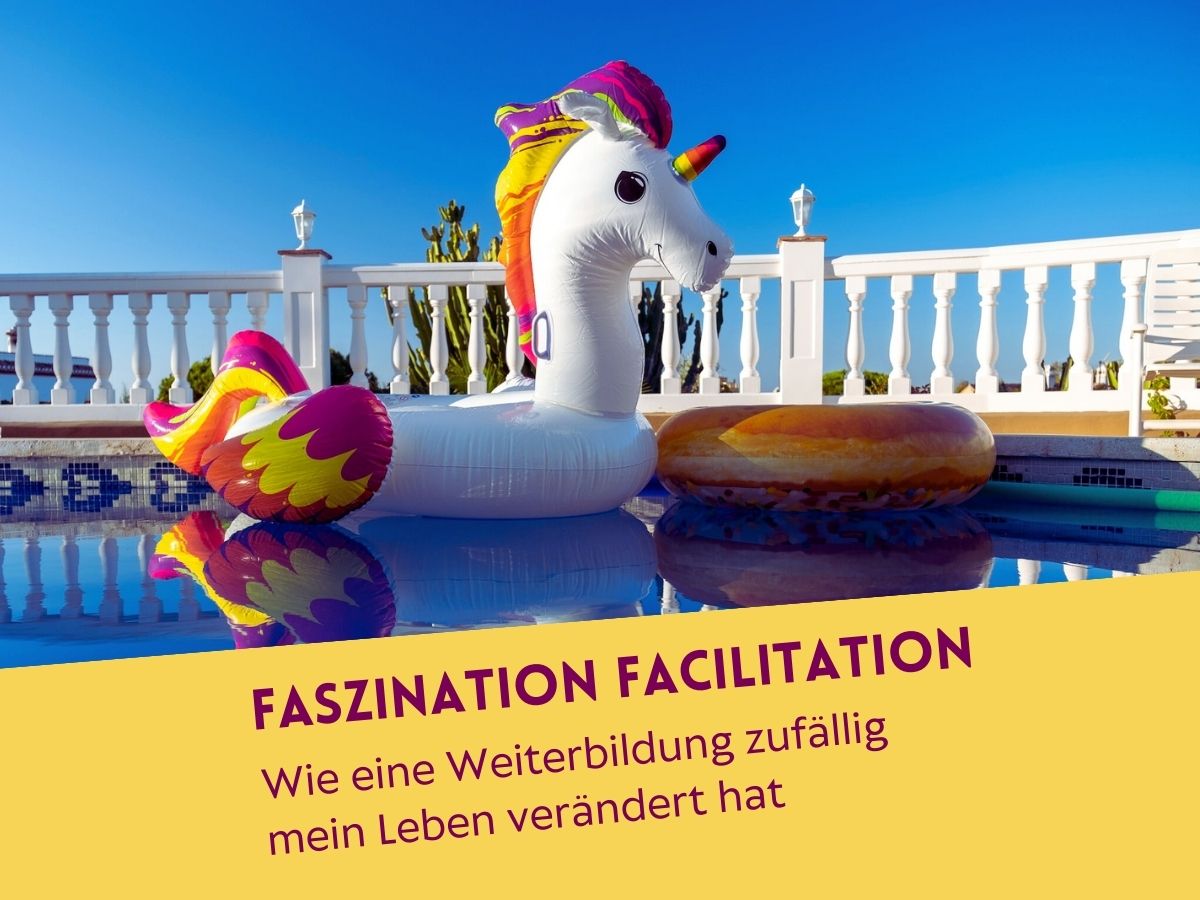 Aufblasbares Einhorn im Pool mit Text auf dem Foto: Faszination Facilitation